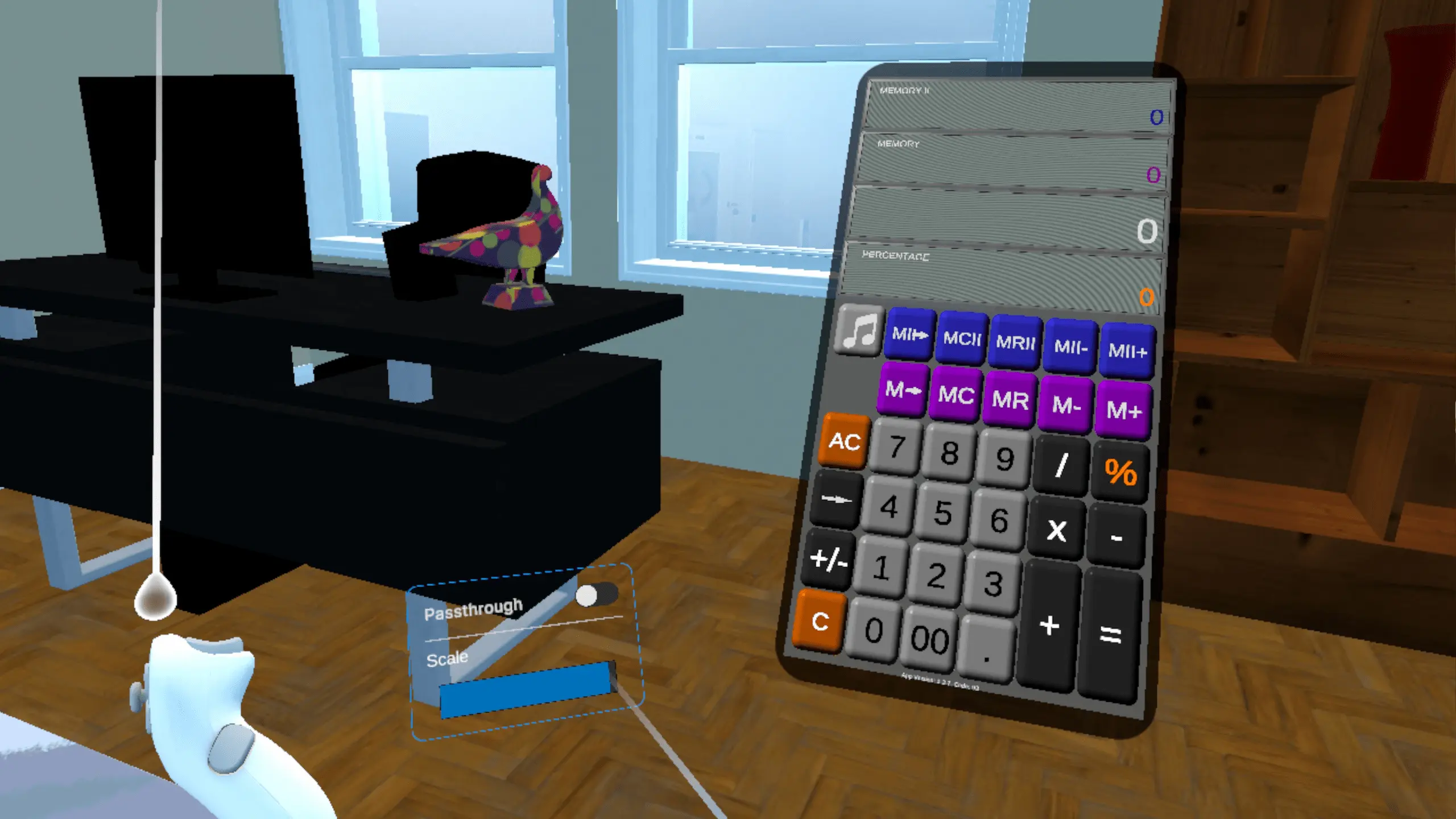 Calculator 2 Memory on Meta Quest — big keys and two memories